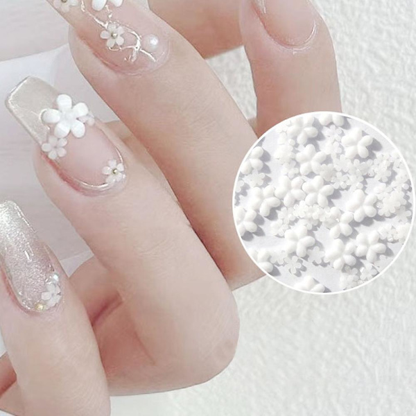 Nagelkonst 3d Akryl Blom Nagelkonst Liten Vit Blomma Fem Kronblad Blomma Harts Resin Liten Stålkula Nagel