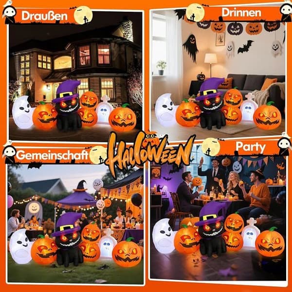 2,4 m oppusteligt Halloween-græskar med spøgelse og sort kat | 8 fod oppustelig græskarvægdekoration