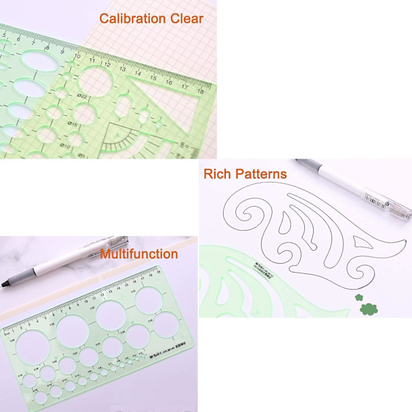 11-osainen geometrinen piirustusmalli, mittaviivain, läpinäkyvä vihreä muovinen viivain, kannettava