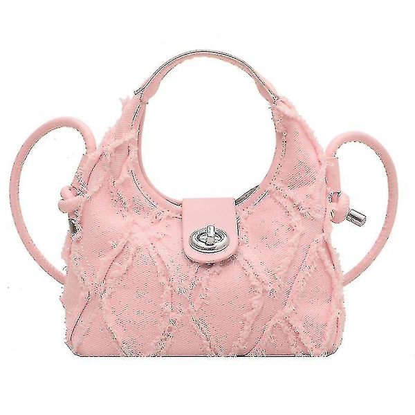 Handväska, dam denim handväska mode axelväska Argyle plånbok crossbody väska（Rosa）