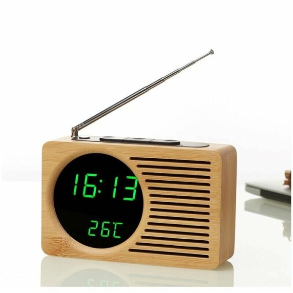 Retro sängradio väckarklocka i trä, tyst tyst väckarklocka, elektronisk klocka för kreativ present.