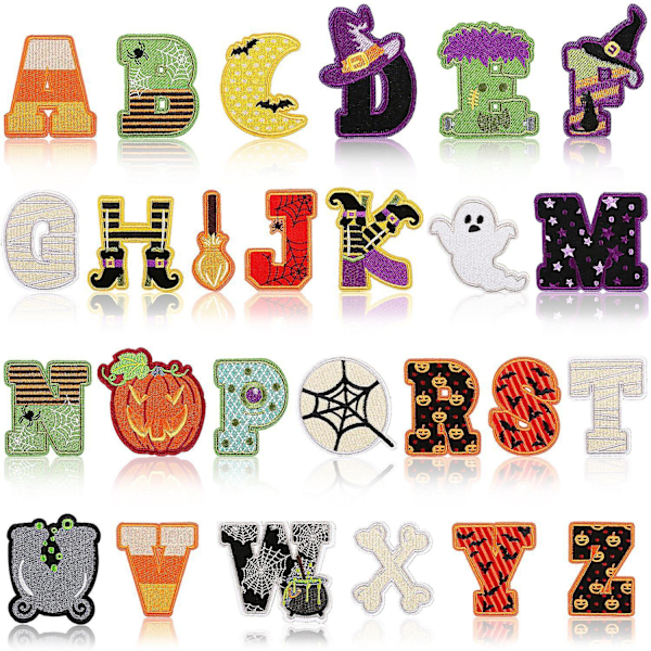Dww-Sæt med 26 stykker Halloween-tema engelsk bogstav broderi stof klistermærke computer broderi blomst mærke kunst patch klistermærke bogstav