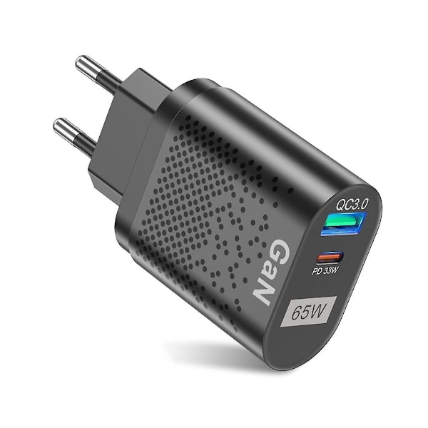 65W Mobiltelefon Snabbladdare Multi-Port QC3.0 PD Multiplug Snabbladdning Handladdare för EU-kontakt (Svart)