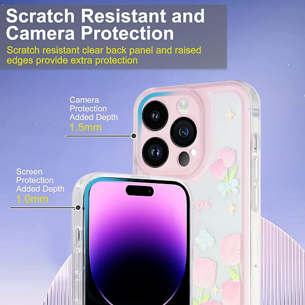 iPhone 14 Pro Skal, Stötsäker Mjuk TPU Bakskal Droppsäker Skyddande Telefonfodral för iPhone 14 Pro 2022 (6,1 tum), Blå Fjärilar & Rosa