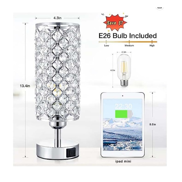 Kristallbordlampa med touchkontroll, dubbla USB-portar, 3-vägs dimbar, Heilwiy-gåva