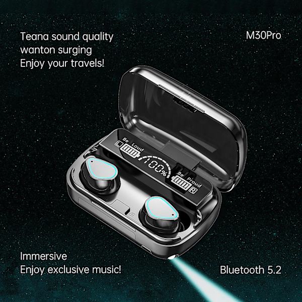 Digitalt display med stor kapacitet Bluetooth 5.2 trådløst headset-S sports in-ear intelligent støjreduktion headset med LED-lommelygte