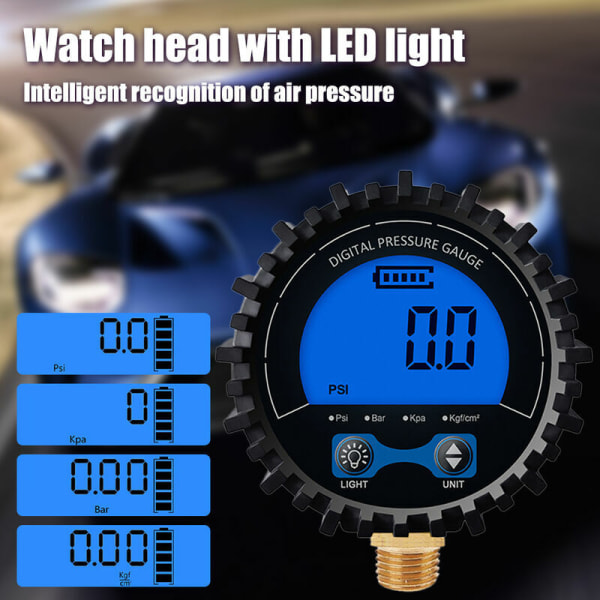 Digital dæktryksmåler med høj præcision med baggrundsbelysning, LCD-display, lufttryksmåler af kobbertråd