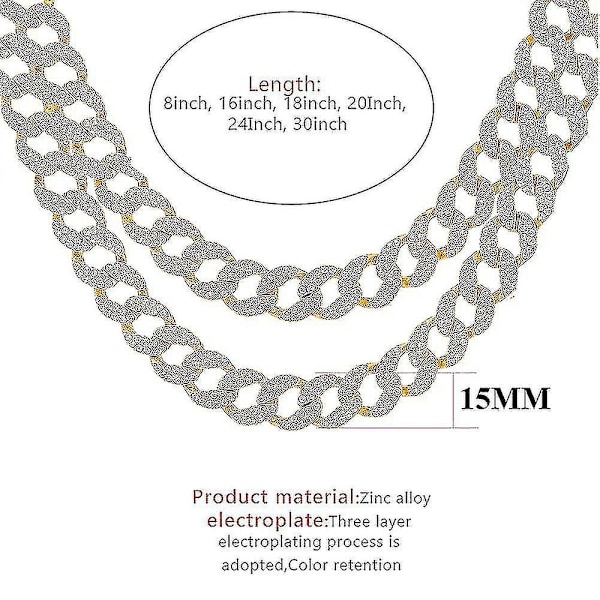 Silverfärgad Halsband Armband Hip Hop Miami Curb Kubansk Länk Isad Med Strass CZ Bling Rapper För Män Kvinnor Smycken (bredd 15MM, 8 tum)