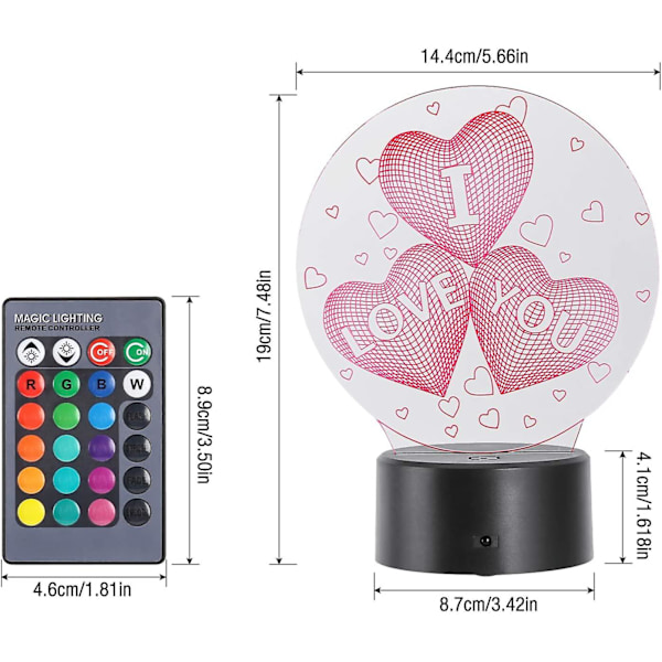 Hjerteformet 3D natlys, 7 farver 3D illusion natlys touch switch LED Acsergery gave