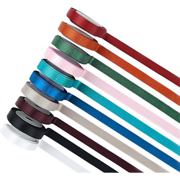 Dubbelsidigt Satängband i Polyester, Enfärgat, 10 Färger, 3/8\" x 5 Yard Varje, Totalt 50 Yard Per Förpackning, Perfekt för Presentinslagning, Hårsnoddar,