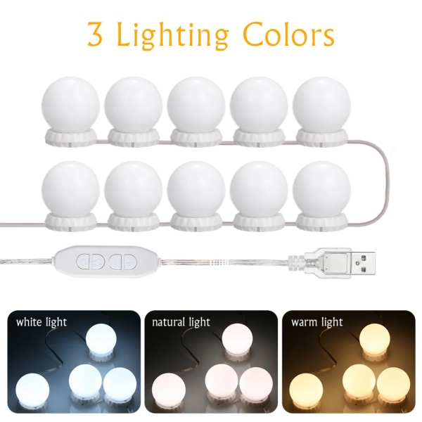 Vanity LED Mirror Light Kit med 10 justerbara glödlampor 10 ljusstyrka och 3 ljuslägen USB Mirror Light för Makeup Vanity
