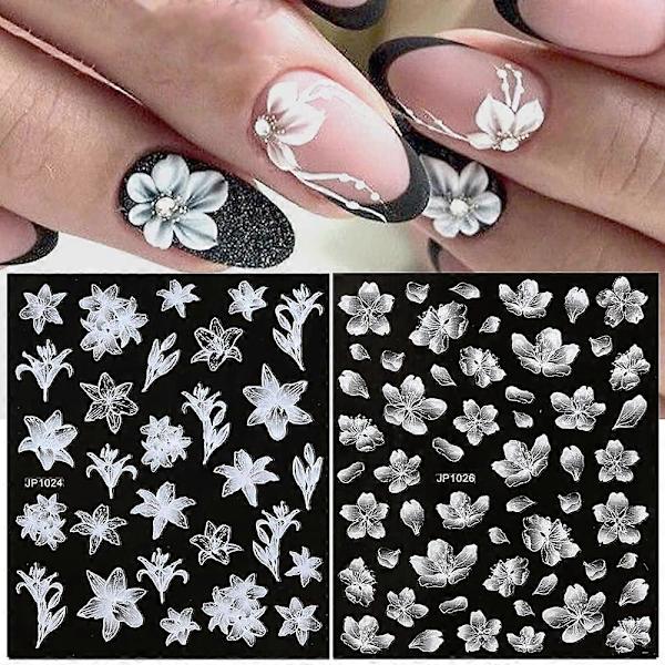 Blommor Nagelsticker Dekaler 4 Ark 5D Nagelkonstmaterial Präglade Nagelsmycken Gradviss Förändring Vita Blommor Fjäril Design för Kvinnor och