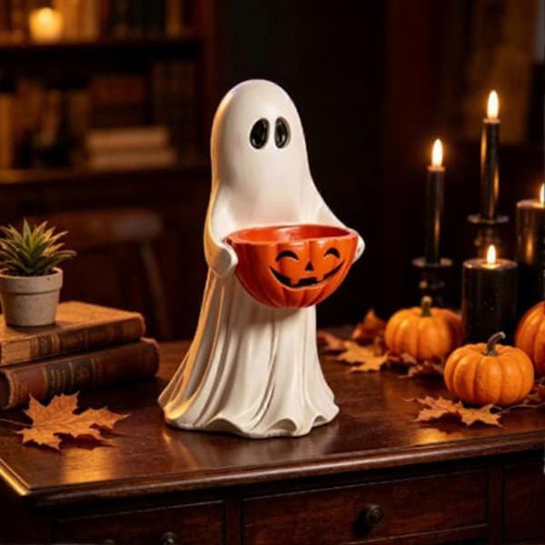 Halloween spøgelsesstatue slikskål med græskar til bordpynt til fest 25CM