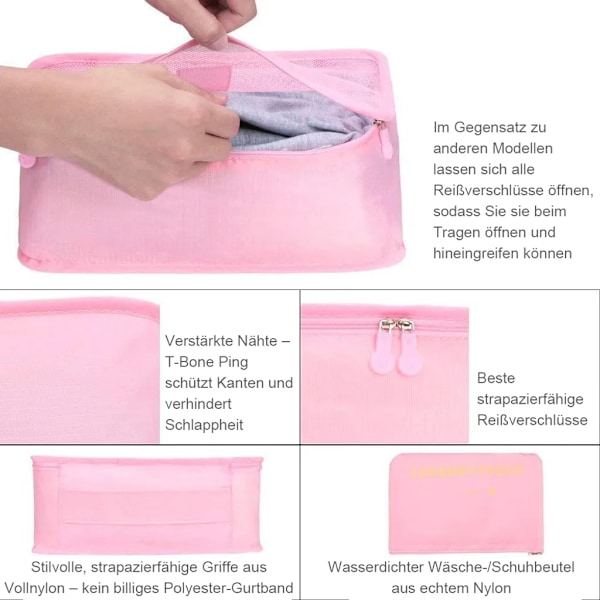Packningskub Resväska Organizer Set med 6 för Ryggsäck och Resväska, 3 Packningskuber och 3 Förvaringspåsar, Reseklädväskor (Rosa)