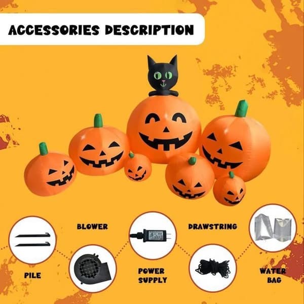 Oppustelig Halloween Græskar Kranie Dekoration - WINLLINEE - 2,3 m - LED-lys - 7 Stykker