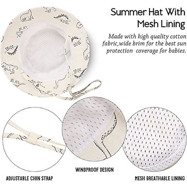 Dww-Vit Dinosaurie-50cm Bred Brätte Solhatt Baby Barn Sommarhatt för Pojke Flicka Anti-UV Justerbar Mössa