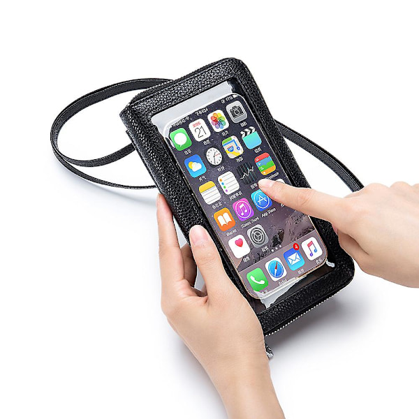 Äkta läder transparent touch screen mobil plånbok crossbody väska mini tote väska för kvinnor, grå