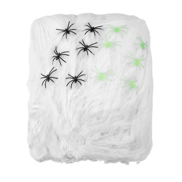 Dekorationer og aktiviteter - Hvid edderkoppespind dekoration med edderkopper 500g Halloween