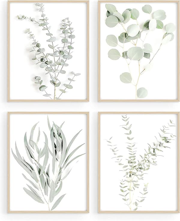 Sæt med 4 blomsterkøkkenblade vægkunst Boho blade eukalyptusplanter vægtryk (UNFRAME) (8x10)