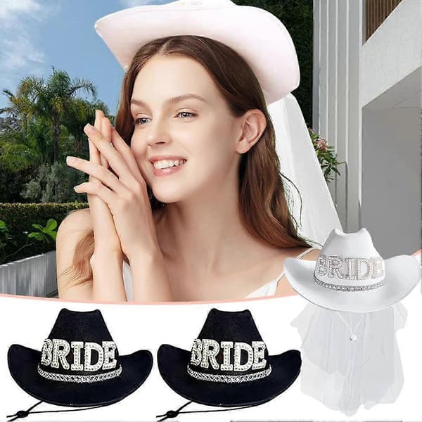 Brudeslør cowboyhat øreringe hjertebriller tredelt sæt slør cowboyhat Black 1pcs