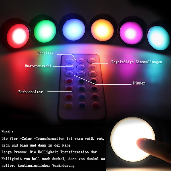 Skåpsbelysning 6 LED-lampor dimbar under-cabinet belysning flerfärgad LED-batterilåda med fjärrkontroll och timerfunktion