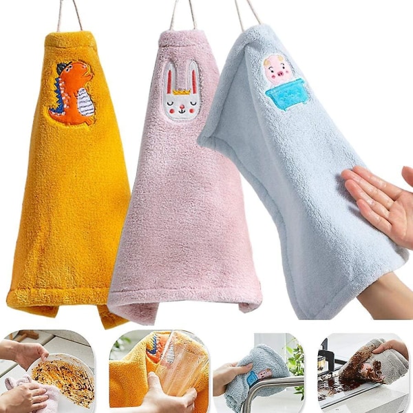 3-pack små hängande handdukar för kök och badrum, superabsorberande mjuk duk, dinosaurie, kanin, grisdesign