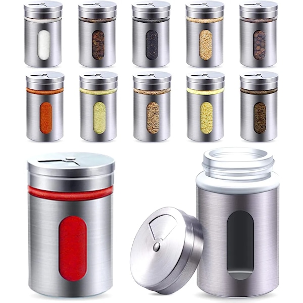 12 kryddburkar silver I Kryddströare rostfritt stål set 90ml I Med visningsfönster & justerbar ströarkontroll I Kryddburkar för kryddor/örter