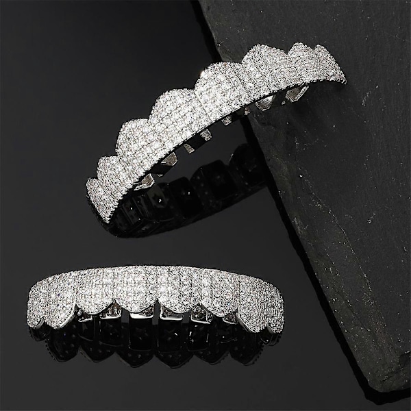 Micro Pave Iced Out CZ Tandgrillar för Män Kvinnor Hip Hop Smycken Cubic Zirconia Geometrisk Mode Cosplay (Guld Överdel)