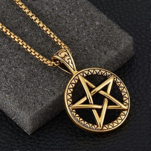 35MM Vintage Rostfritt Stål Pentakel Pentagram Hänge Herr Häxskydd Stjärna Amulett Halsband 60 cm Kedja (Guld)