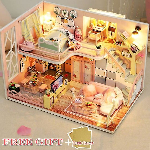 Sötbee diy dockhus kit i trä dockhus miniatyrdockhus möbelkit med led-leksaker för barn födelsedagspresent l32（Jm26b）