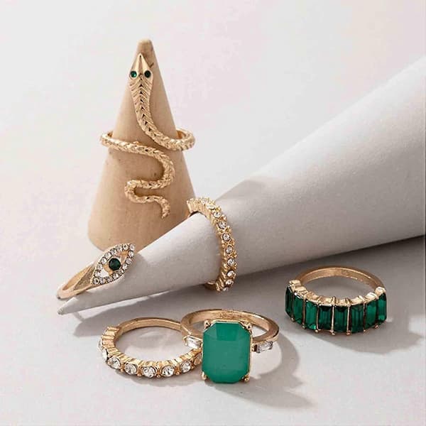 Punk Snake Finger Rings Smaragd Band Ringar Justerbara Guld Knuckle Joint Ringar Stackbara Onda Öga Ringar Set Gothic Statement Ringar för Kvinnor och Flickor