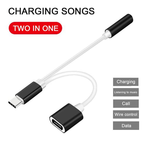 Type-C til Type-C+3,5 mm lydadapter headset lading to-i-ett-adapter (BK)