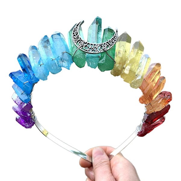 Multicolor Rainbow Rå Krystal Kvarts Krone Hovedbånd Med Metal Hul Ud Antik Måne Tiara Hår Tilbehør Heks Ferie Fest Hårpynt（2）