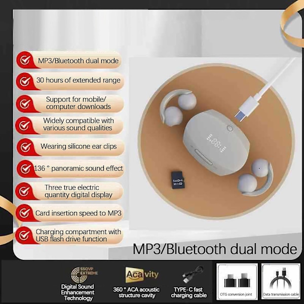 Bekväm öronklämma stil, HiFi ljudkvalitet, lång räckvidd Bluetooth 5.3 intelligent digital display, privat modell universell