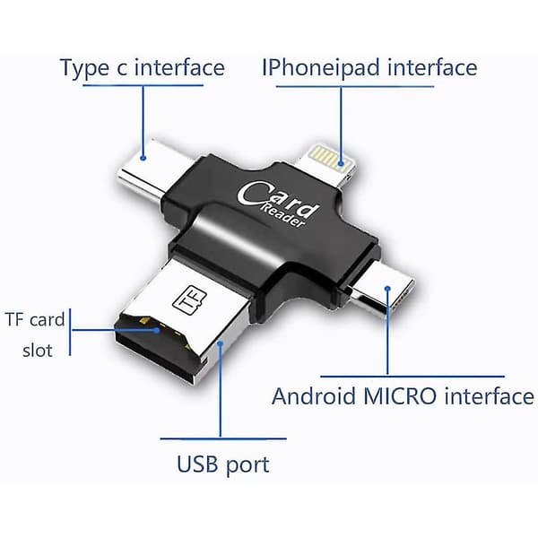 4-i-1 Ekstern Kortlæser USB Micro SD og TF Kortlæser Adapter (SORT)
