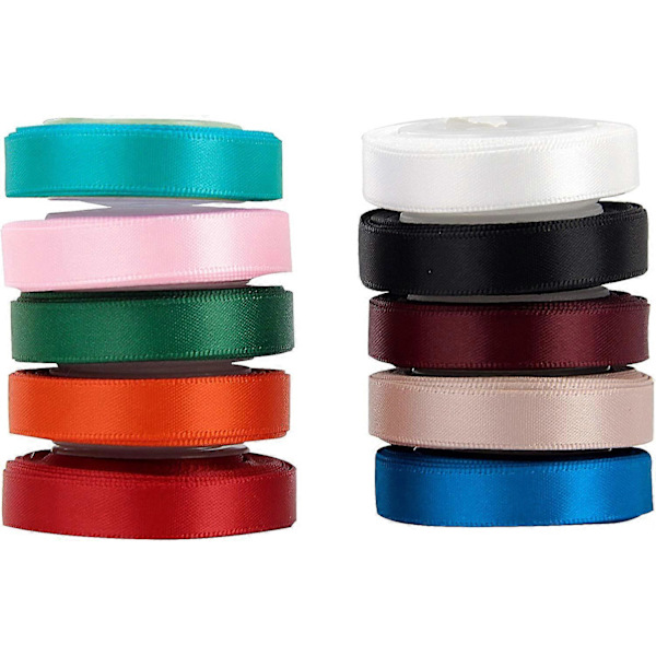 Dubbelsidigt Satängband i Polyester, Enfärgat, 10 Färger, 3/8\" x 5 Yard Varje, Totalt 50 Yard Per Förpackning, Perfekt för Presentinslagning, Hårsnoddar,