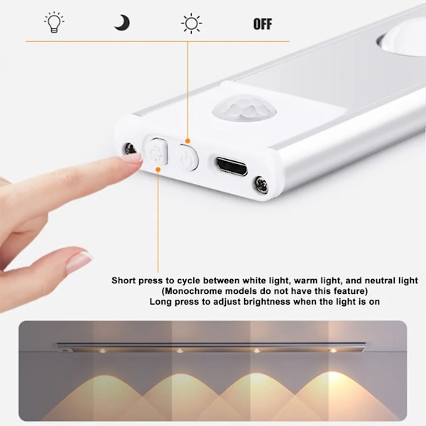 30cm LED-skåpsbelysning, USB-laddningsbart batteri nattljus skåpsbelysning, garderobsbelysning bottenstångsbelysning köksbelysning, självhäftande sensorbelysning