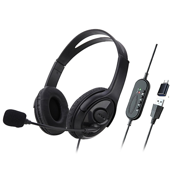 Kablet USB-headset til computerundervisning, telefonheadset med mikrofon, type-C, egnet til Zoom, Skype, kontor, callcenter (sort)