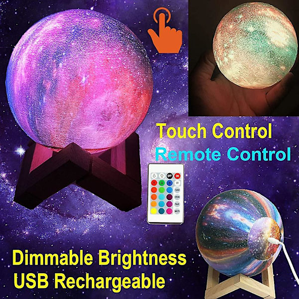 3D Galaxy Natlampe 16 Farver Fjernbetjening & Touch Control LED Måne Rumlampe
