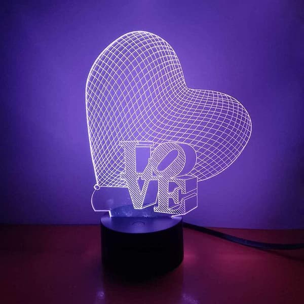 Kærlighed & Hjerte 3d Natlys Led Illusion Lampe, 7 Farveskiftende Lys Med Akryl Flad & Abs Base & Usb Oplader