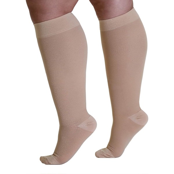 Kompresjonsstrømper - Plus Size - 20-30 mmHg - Unisex - Ekstra bred legg - Kne-høye - Ugjennomsiktig, lukket tå - Beige/3X-Large