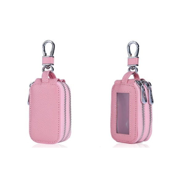 (Rosa) Case - Myntväska med dubbla dragkedjor i läder - Nyckelring Case med genomskinligt fönster
