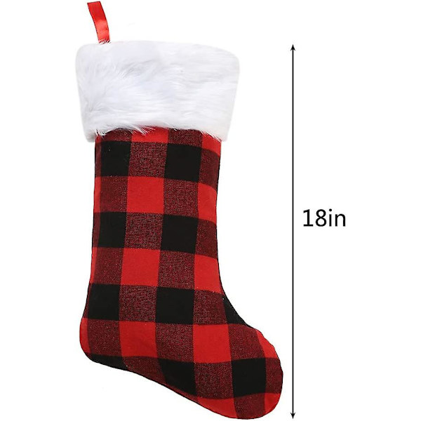 Julklappsstrumpor i Buffelrutig Mönster, 18 cm, 4-pack, Röd och Svart Rutiga Strumpor med Konstpälskant för Juldekorationer