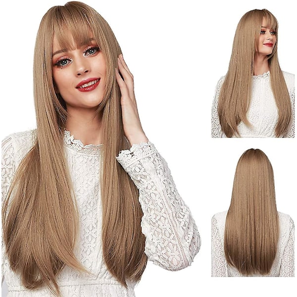 Ombre Brown Long Straight Wigs With Bangs Daily Use 24 Inch Heat Resistant Fiber