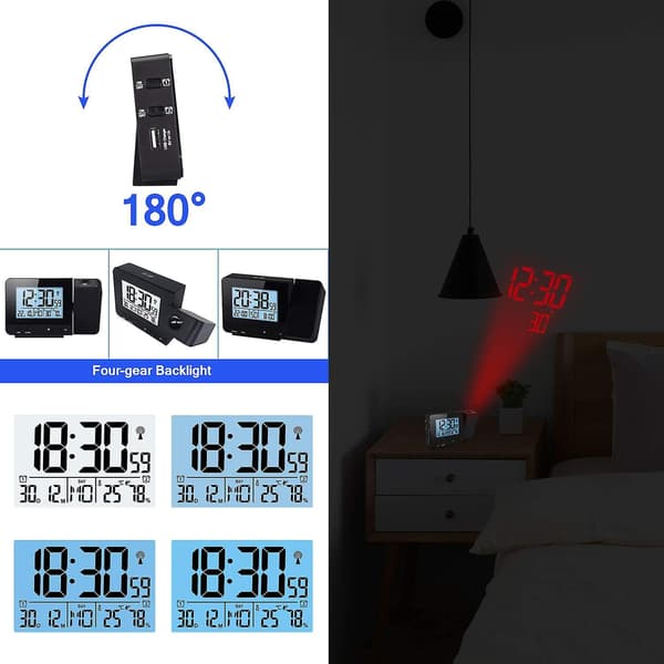 Digital projektionsklocka, sängbordsdimmer väckarklocka tidstemperaturskyddsklocka med snooze