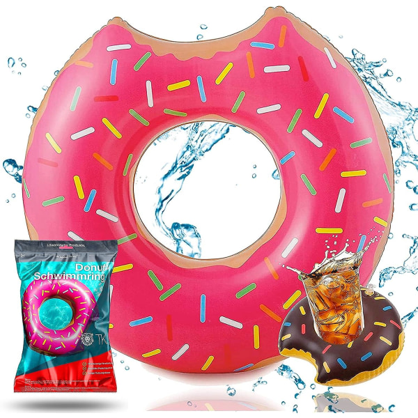Pink Uppblåsbar Donut 120cm med tandring, boj, luftmadrass, badmatta, brun, pool och vatten, med 1 mugghållare för vuxna och barn
