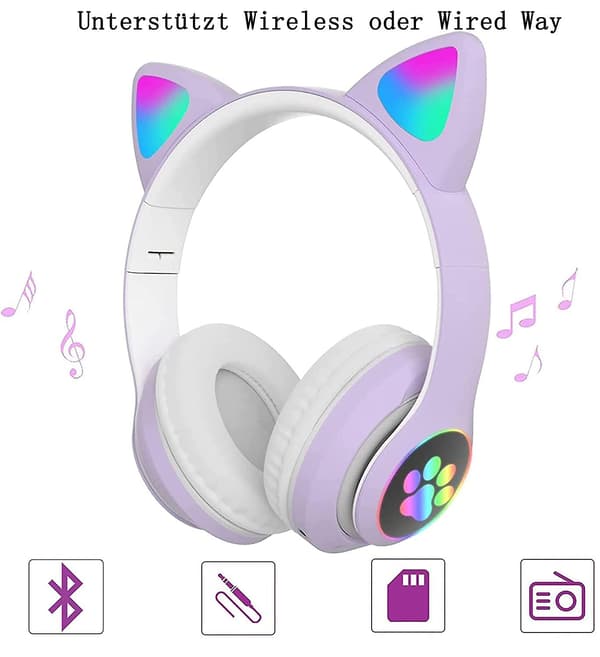 Bluetooth-hörlurar för barn, hopfällbara, med LED-ljus, kattöron och mikrofon