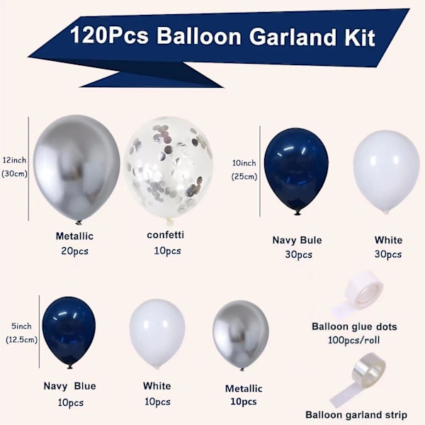 Marineblå Ballonbue Kit - 120stk Blå Sølv Balloner Garland Kit