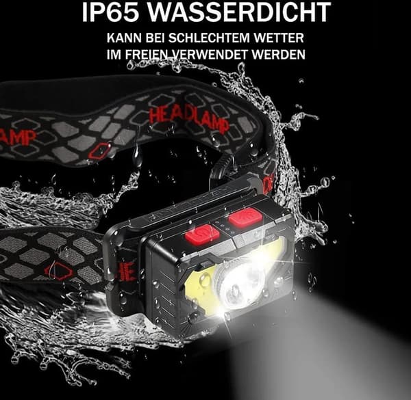 LED-hodelykt, LED COB-hodelykt USB-drevet med 8 lysmoduser, sensor og rødt lys, lett IPX4 vanntett mini-hodelykt