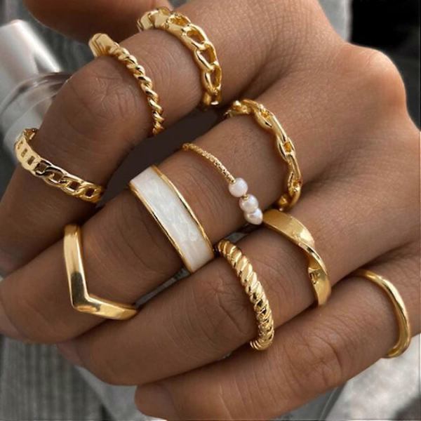 Knuckle Ring Set i Guld, Stapelbara Fingerringar, Pärla, Midi Storlek, Knuckle Ring Set för Kvinnor och Flickor, 10 Stycken